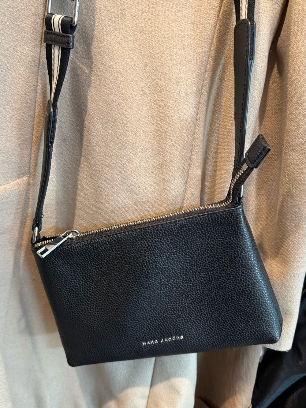 Marc Jacobs Black Pebbled Leather Crossbody with Striped Strap